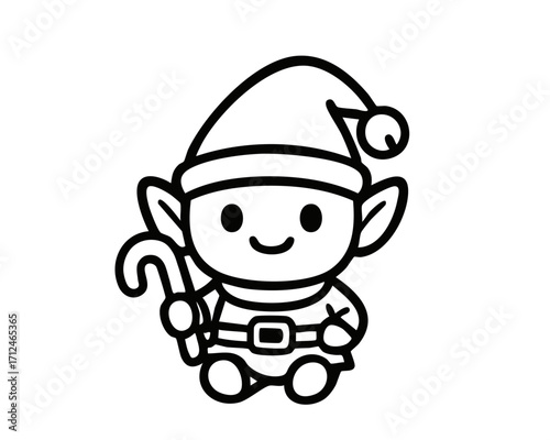 サンタの助手エルフのモノクロイラスト ベクター
