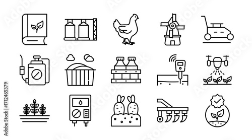 Farming and agriculture linear icon set. Crops, farmer, tractor, harvest, barn, livestock, rural, planting, irrigation, tools, eco, vector