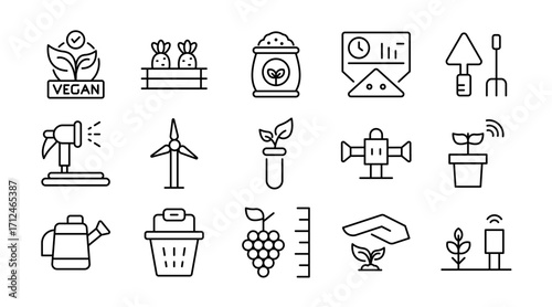Agriculture and nature linear icon set. Farming, crops, barn, tractor, harvest, rural, livestock, eco, planting, irrigation, tools, vector icon collection