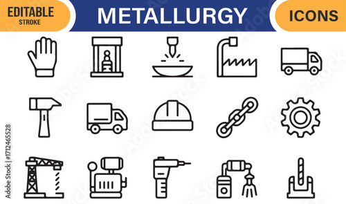 Industrial outline icons for steel plants, furnaces, and metallurgical processes