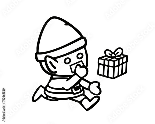 ギフトを運ぶクリスマスエルフのモノクロイラスト ベクター
