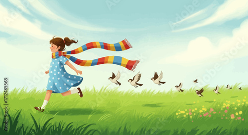 Child Joyfully Chasing Birds Across A Lush Green Meadow Scene of Freedom and Delight