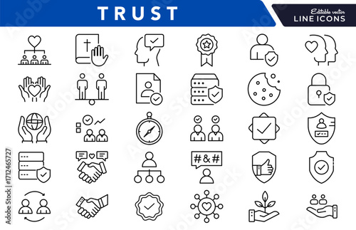 Trust linear icon set. Security, handshake, reliability, integrity, partnership, confidence, loyalty, agreement, assurance, safety, collaboration, vector outline icon set. Editable stroke icon pack