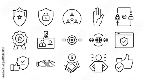 Partnership and trust linear icon set. Handshake, reliability, security, confidence, loyalty, integrity, agreement, assurance, safety, cooperation, vector thin line UI icon pack.