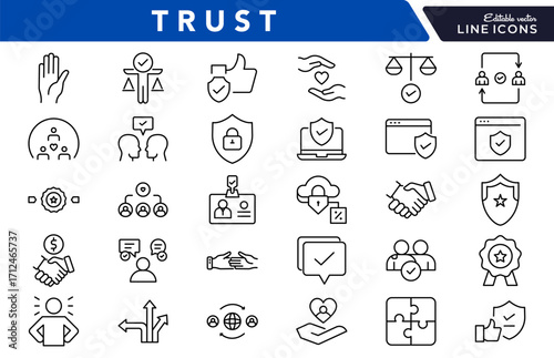 Trust linear icon set. Handshake, reliability, security, confidence, loyalty, partnership integrity, agreement, assurance, safety, cooperation, vector thin line UI icon pack.