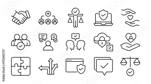 Trust and reliability linear icon set. Security, handshake, integrity, partnership, confidence, loyalty, agreement, assurance, safety, collaboration, vector outline icon set. UI thin line icon pack