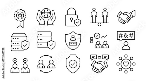 Assurance and trust linear icon set. Reliability, integrity, handshake, partnership, loyalty, confidence, safety, security, agreement, guarantee, vector thin line UI icon pack