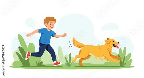 Child Joyfully Racing And Playing With A Golden Retriever In A Park Setting