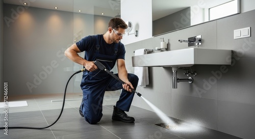 Professional Bathroom Cleaning Using High Pressure Water Spray System