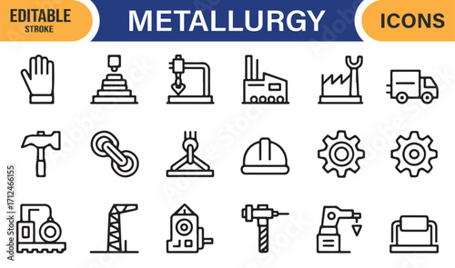 Vector outline metallurgy icons with factory, machinery, and worker safety symbols