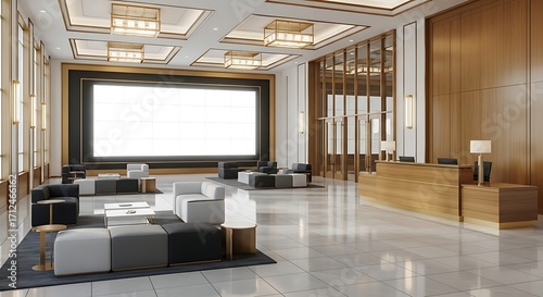 Empty hotel lobby showcases modern furniture and a large blank screen, creating a welcoming and luxurious atmosphere for potential guests.
