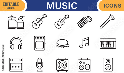 Editable line icons of music and entertainment equipment for design projects
