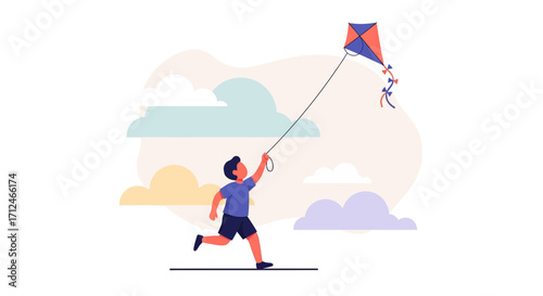 Child Joyfully Runs While Flying A Colorful Kite During Sunny Weather, Simple Vector