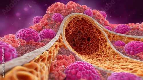 Medical illustration of bone cancer and metastasis pathology. detailed view of tumor disease with malignant cell growth representing serious condition in oncology