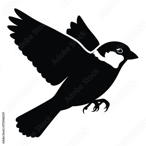 Silhouette of a flying sparrow bird capturing flight motion with spread wings silhouette