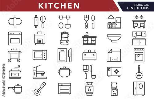 Kitchen linear icon set. Cooking, utensils, appliances, stove, cookware, dining, food preparation, chef tools, ingredients, culinary, meal, vector outline icon set. Editable stroke