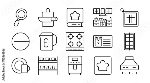 Kitchen linear icon set. Cooking, utensils, appliances, stove, cookware, dining, food preparation, chef tools, ingredients, culinary, meal, vector outline icon set. UI thin line icon pack
