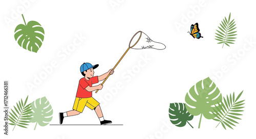 Boy Chasing Butterfly With A Net In Tropical Garden Illustration Design