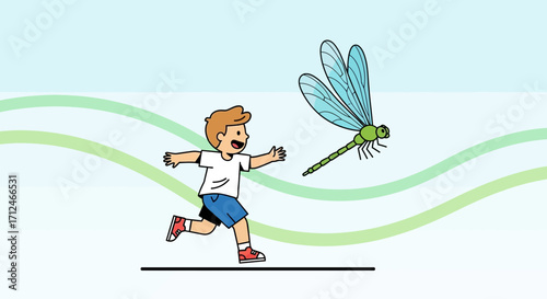 Boy Chasing Dragonfly In Joyful Pursuit Amidst Summer Fun and Playful Exploration