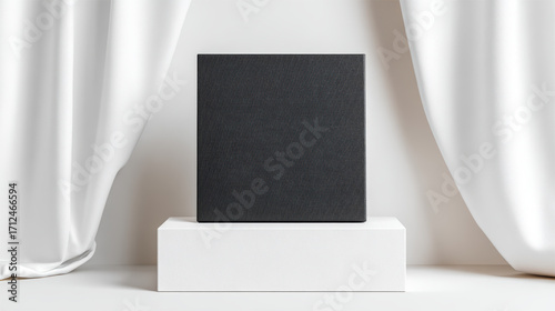 Mysterious black square box on white podium, sophisticated product mockup template for elegant presentation. minimal luxury design with white silk curtain background feels clean and classic