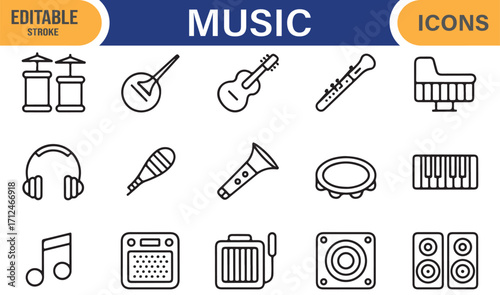 Vector stroke music symbols including notes, instruments, and studio equipment