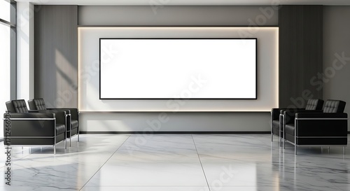 Modern waiting room features a large blank screen surrounded by comfortable black chairs and a sleek marble floor, creating a minimalist and professional atmosphere.