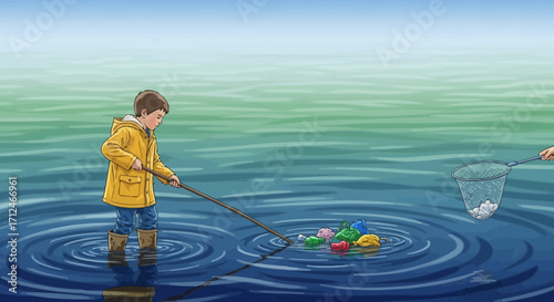 Boy Cleaning Water From Trash Depicting Environmental Protection Concept Visualization Illustration
