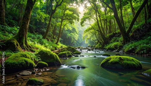 Lush Green Forest Stream with Mossy Rocks and Sunlight Filtering Through Trees Landscape