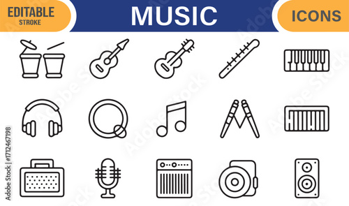 Editable vector icons of sound, recording, and entertainment instruments
