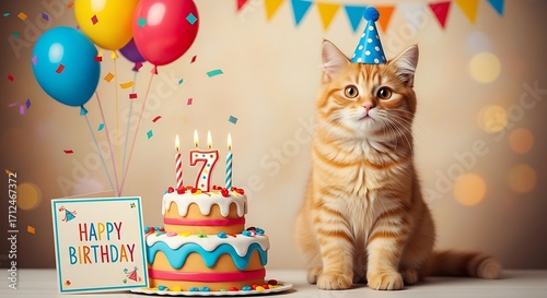 Adorable ginger cat celebrating its birthday with cake and balloons.