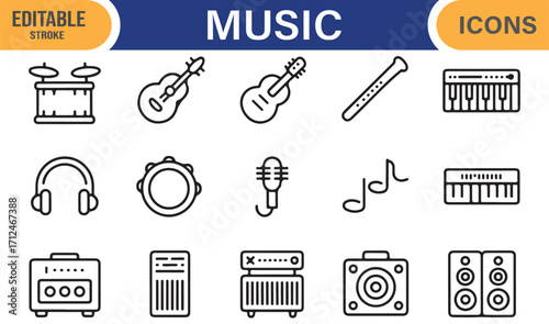 Music outline vector icons featuring drum set, guitar, flute, and amplifier