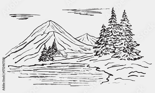 Hand drawn winter mountain landscape with snow, evergreen pine trees. Travel concept, climbing, skiing, Christmas greeting card. Vector sketch illustration in ventage crayon textured style.
