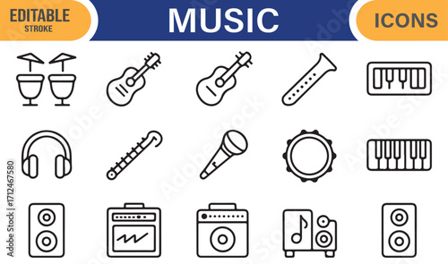 Collection of line icons representing band instruments and audio equipment