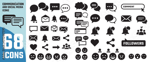 Collection of 68 communication and social media icons in black and white representing messages chat bubbles and user profiles