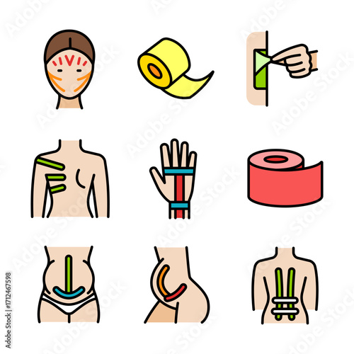Kinesio taping kinesiology color icons set. Medical plaster signs collections. Rehabilitation, therapy athletics muscles, joints injury relief, elasticity adhesive. Facial kinesio taping isolated vect