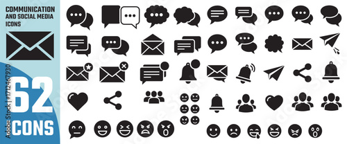 Collection of 62 communication and social media icons representing messages mail chat speech bubbles and engagement symbols in black silhouette