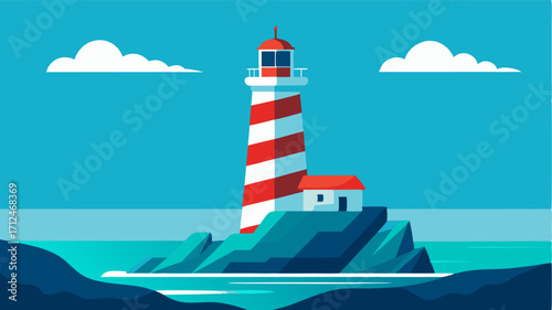 A lone lighthouse rests on the edge of the rocky shoreline its red and white stripes standing in stark contrast to the teal blue waters.