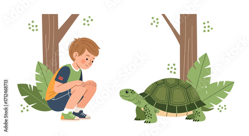Child Observing The Turtle In Forest Illustration Representing Nature Love And Respect