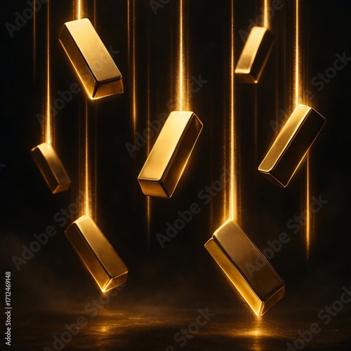 Gold Bars Falling with Glowing Trails
