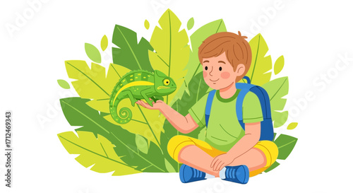 Boy Displays Enchanted Chameleon Amidst Foliage Background On White Background