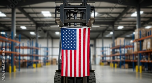 American Flag Hanging on Forklift in Warehouse.