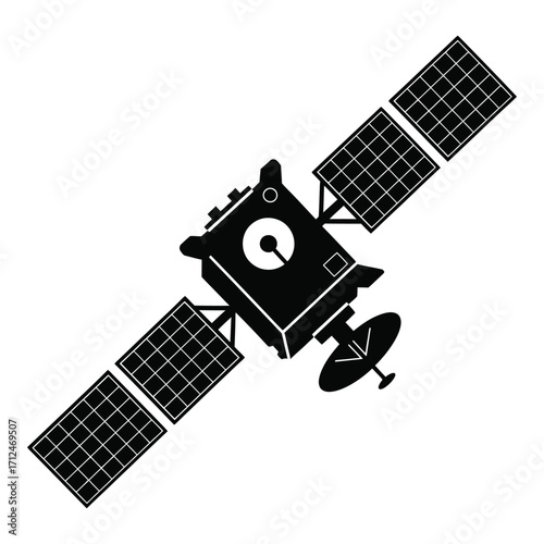Detailed silhouette of an orbiting satellite with solar panels and antenna silhouette