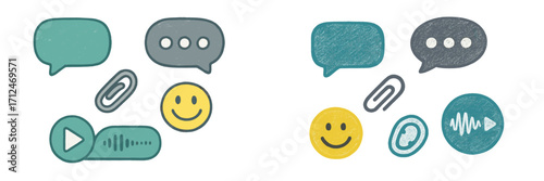 Colorful icons representing messaging and audio features on a playful background illustrating digital communication tools