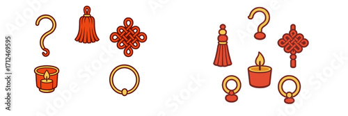 Decorative symbols and items for celebration in vibrant colors, showcasing cultural elements and festive themes