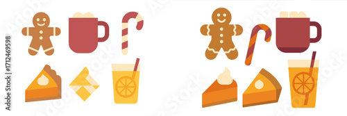 Colorful assortment of holiday treats and drinks including cookies, candies, and desserts on a bright background