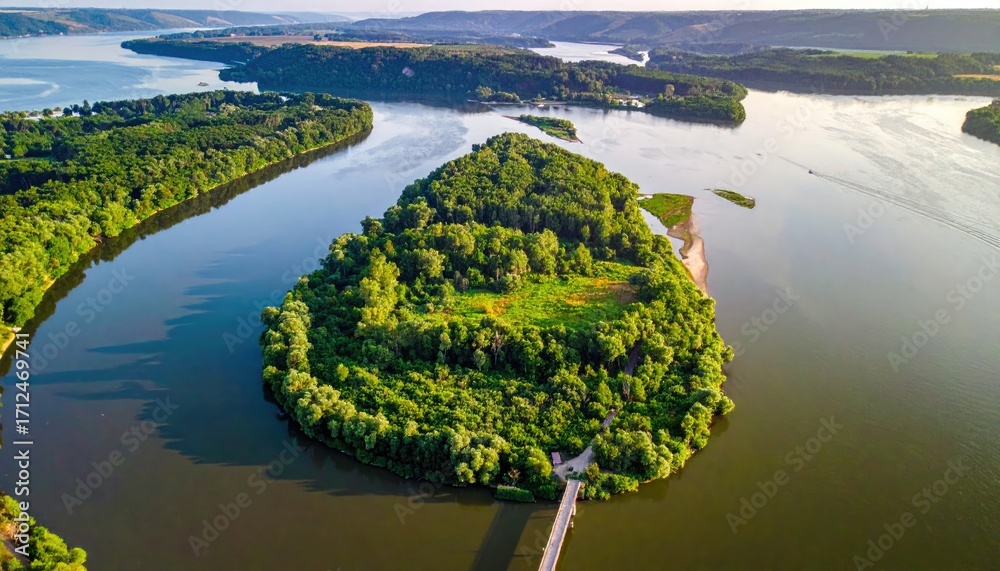 custom made wallpaper toronto digitalLush Green Island Surrounded by Calm River Waters at Summer Daytime Under Bright Sunlight View from Above with Trees and Ripples