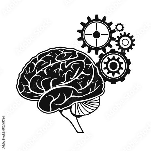 Illustration of a human brain with interlocking gears symbolizing thought processes, ideas, and cognitive functions