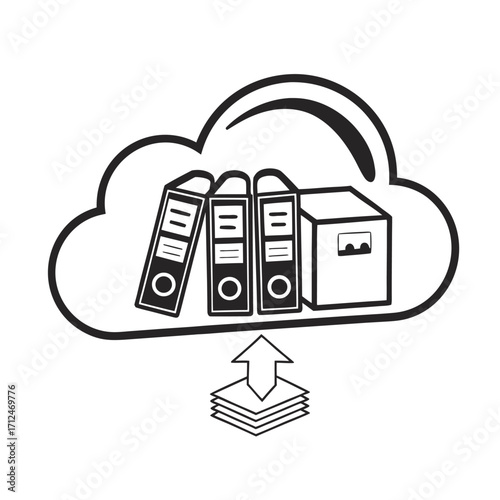 Simple black silhouette icon representing cloud storage upload for business documents, office files, and digital archives