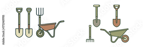 Essential gardening tools set with various shovels, pitchforks, and wheelbarrows for outdoor landscaping and planting