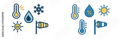 Collection of weather and climate condition icons including temperature, wind, sun, humidity, and precipitation